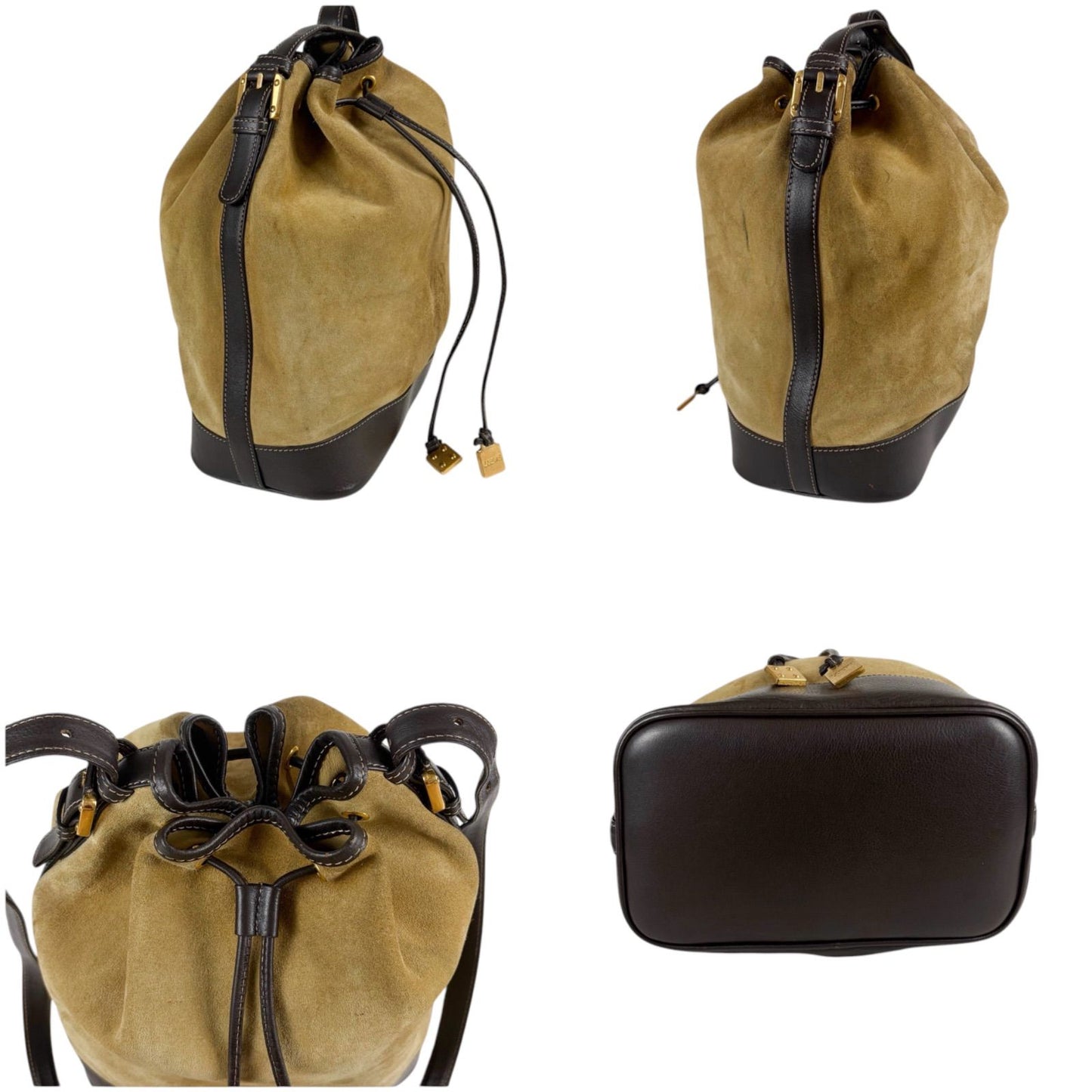 Loewe Anagram Logo Drawstring Shoulder Bag Suede Leather Brown Beige — view 5