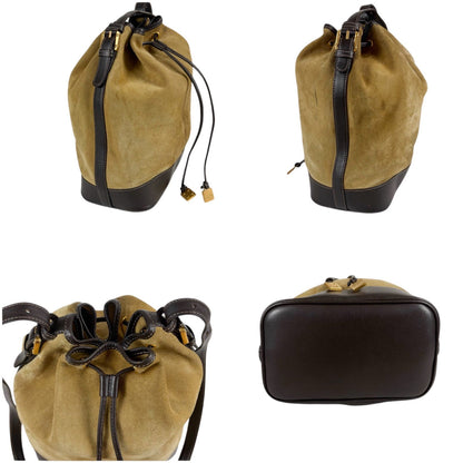 Loewe Anagram Logo Drawstring Shoulder Bag Suede Leather Brown Beige — view 5