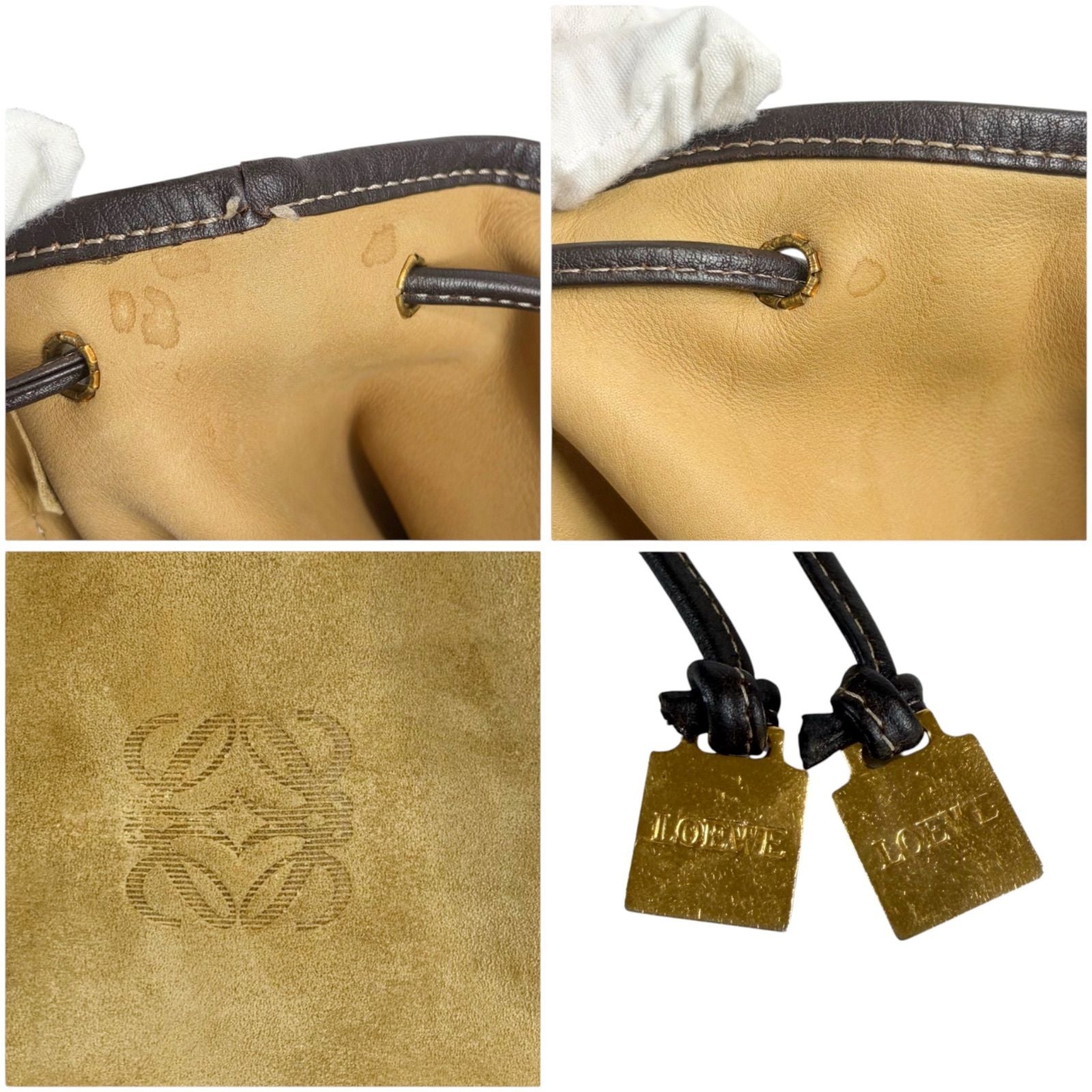 Loewe Anagram Logo Drawstring Shoulder Bag Suede Leather Brown Beige — view 8