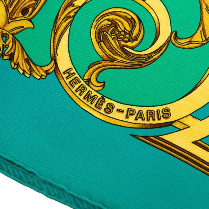 Hermes Carre 90 les Tuileries Roulis Park Scarf Green Gold Silk — view 8
