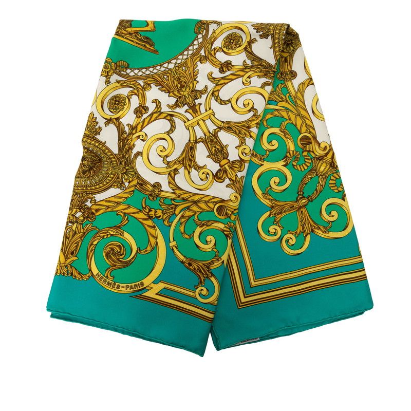 Hermes Carre 90 les Tuileries Roulis Park Scarf Green Gold Silk — view 2