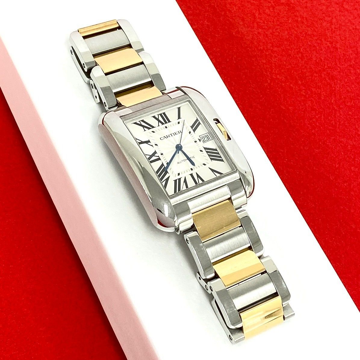 Cartier Tank Anne Gray XL Stainless Steel Automatic Watch Silver Gold