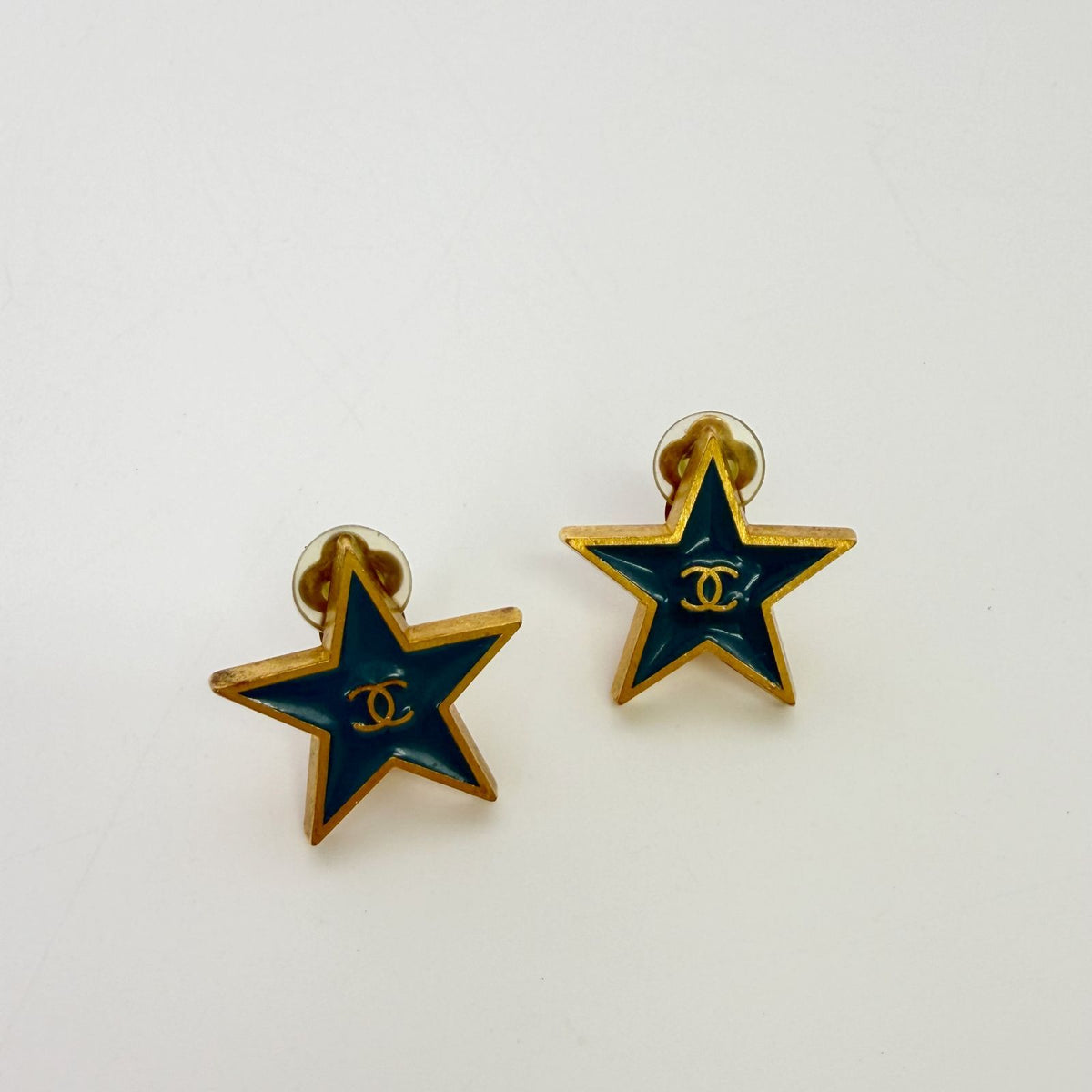 Chanel 01P CC Logo Star Earrings Plated Turquoise Blue Gold Vintage — view 3