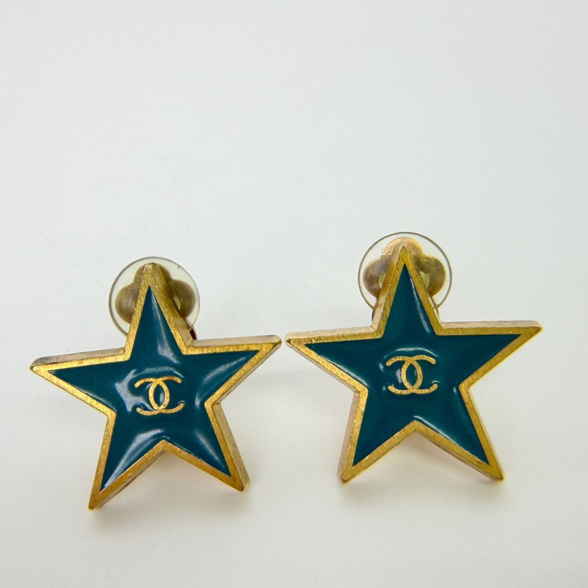 Chanel 01P CC Logo Star Earrings Plated Turquoise Blue Gold Vintage — view 4