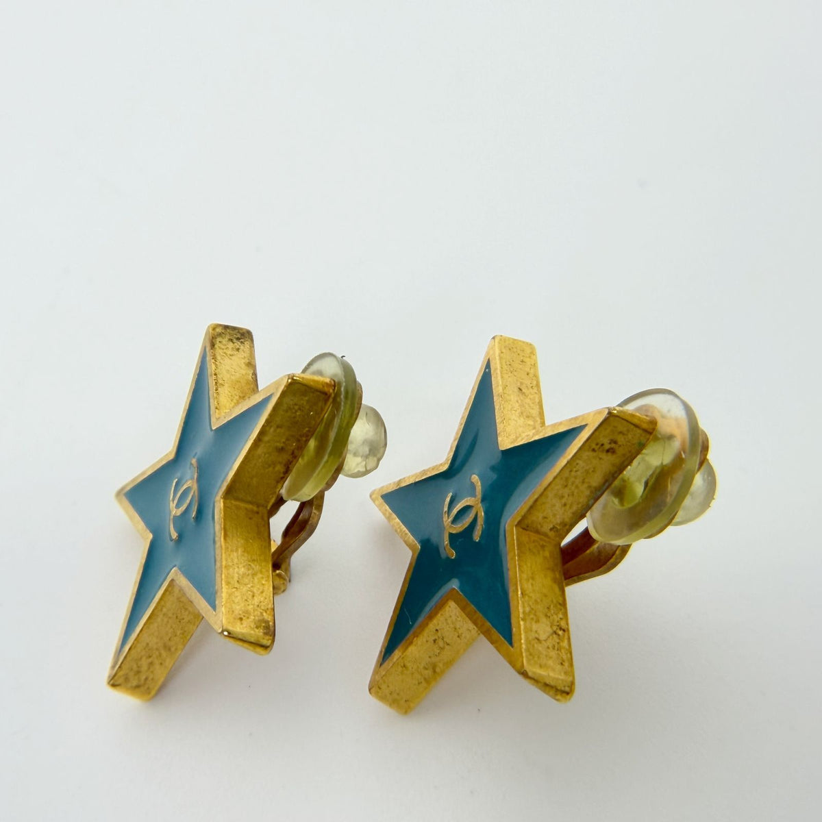 Chanel 01P CC Logo Star Earrings Plated Turquoise Blue Gold Vintage — view 6