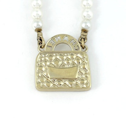 Chanel CC Logo Faux Pearl Necklace Bag Motif White Gold — view 2