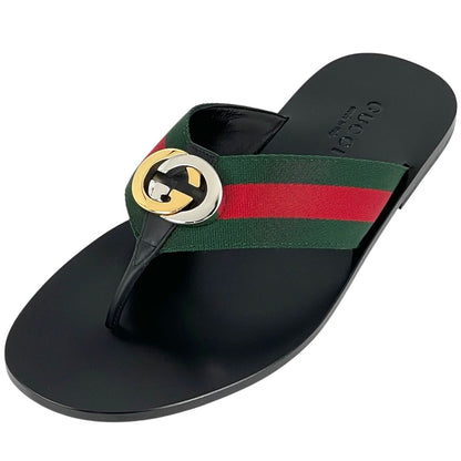 Gucci Interlocking G Thong Sandals GG Web Sherry Line Shoes Leather Canvas Black