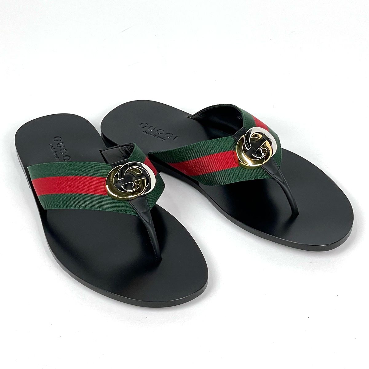 Gucci Interlocking G Thong Sandals GG Web Sherry Line Shoes Leather Canvas Black — view 7