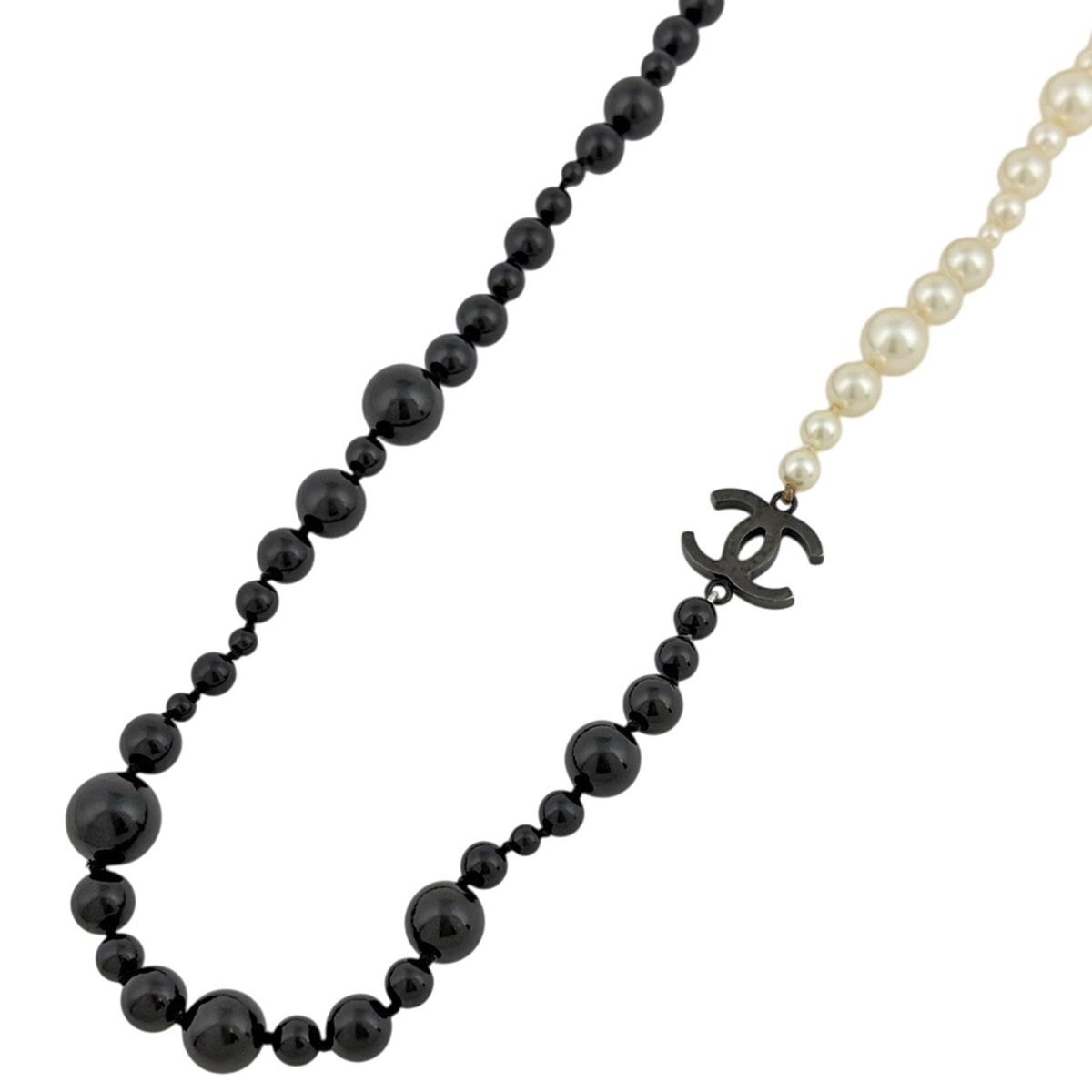 Chanel CC Logo Faux Pearl Necklace Long Metal Black White