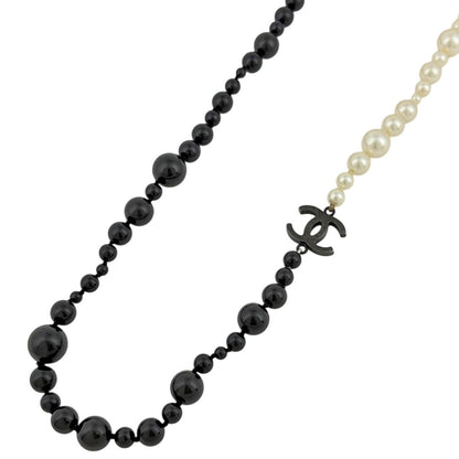 Chanel CC Logo Faux Pearl Necklace Long Metal Black White