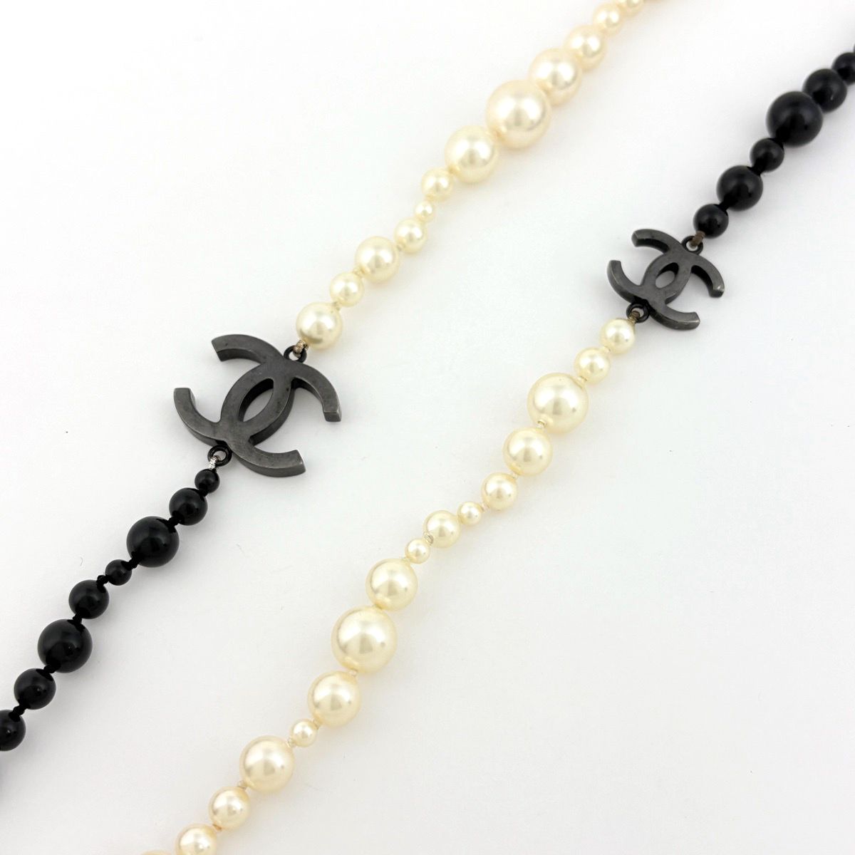 Chanel CC Logo Faux Pearl Necklace Long Metal Black White — view 2