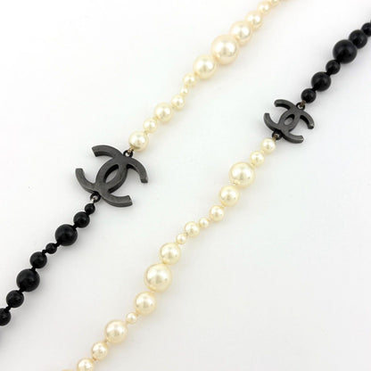 Chanel CC Logo Faux Pearl Necklace Long Metal Black White — view 2
