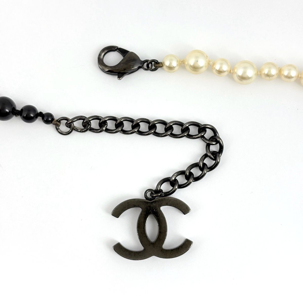 Chanel CC Logo Faux Pearl Necklace Long Metal Black White — view 3