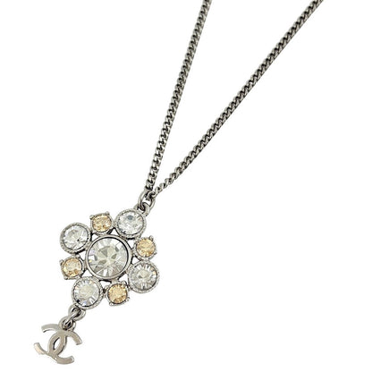Chanel CC Logo Rhinestone Necklace Silver Plated