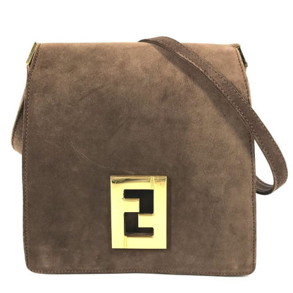 Fendi Shoulder Bag FF Logo Suede Brown