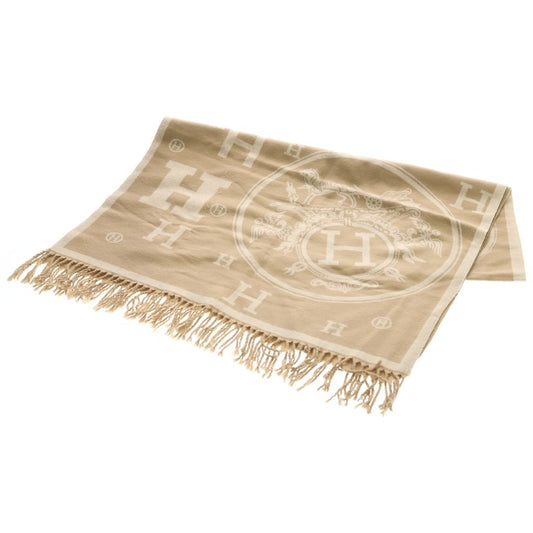 Hermes New Libris Shawl Cashmere Fringe Scarf Beige