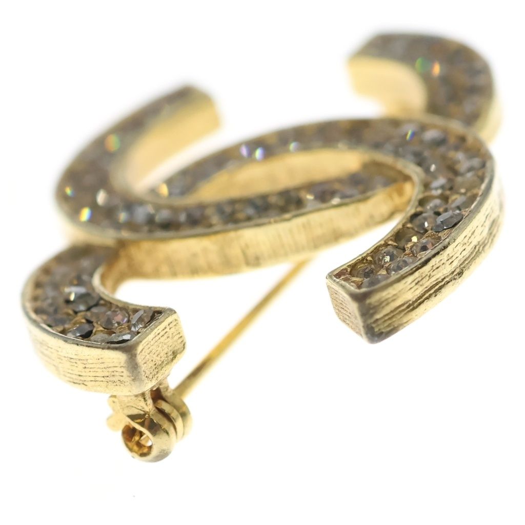 Chanel CC Logo Rhinestone Brooch Pin Badge Gold — view 3