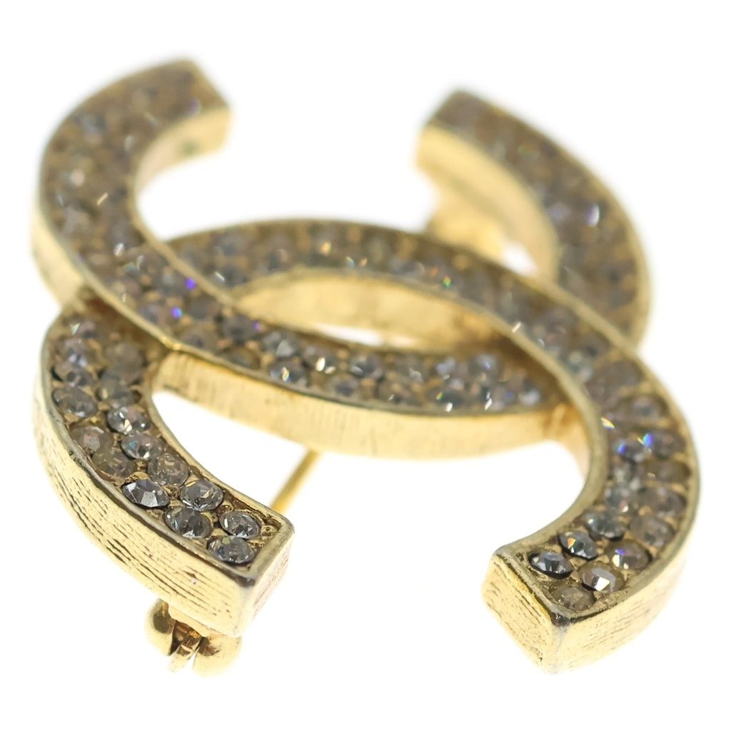 Chanel CC Logo Rhinestone Brooch Pin Badge Gold — view 4