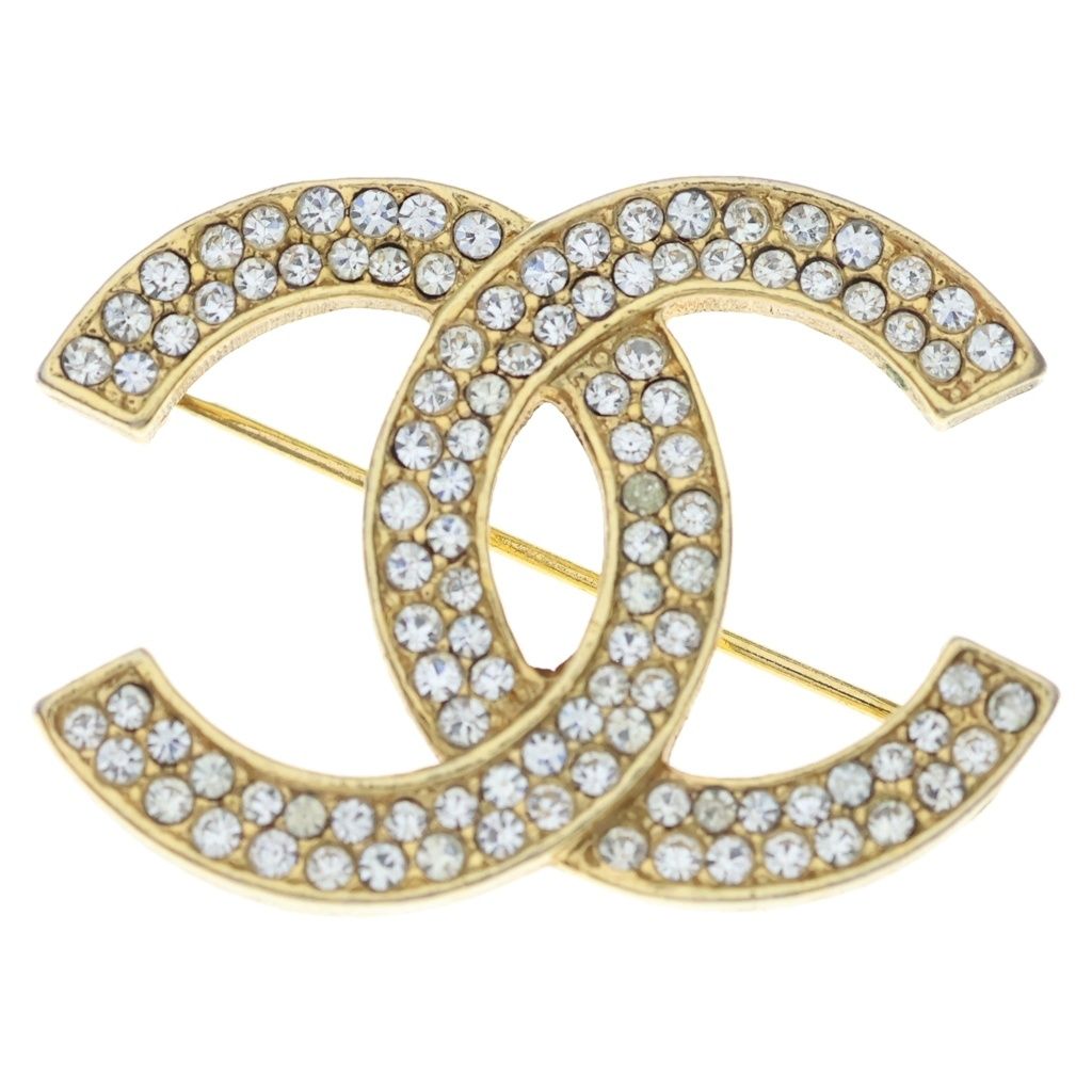 Chanel CC Logo Rhinestone Brooch Pin Badge Gold