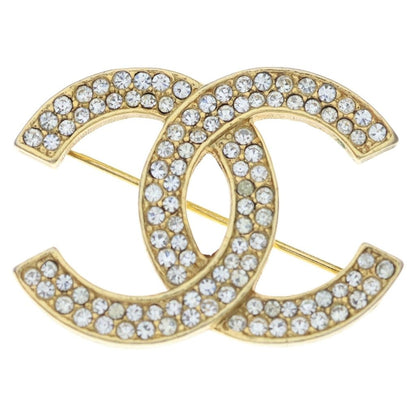 Chanel CC Logo Rhinestone Brooch Pin Badge Gold