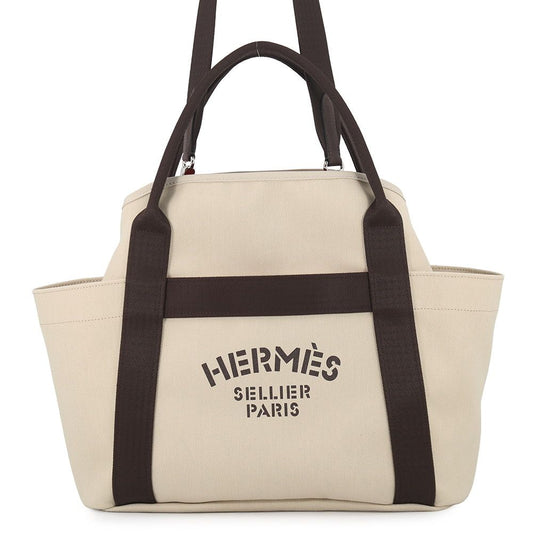 Hermes Sac de Panthere Je Gourme Beige Subleuf Silver Toilet Blanc Canvas Tote