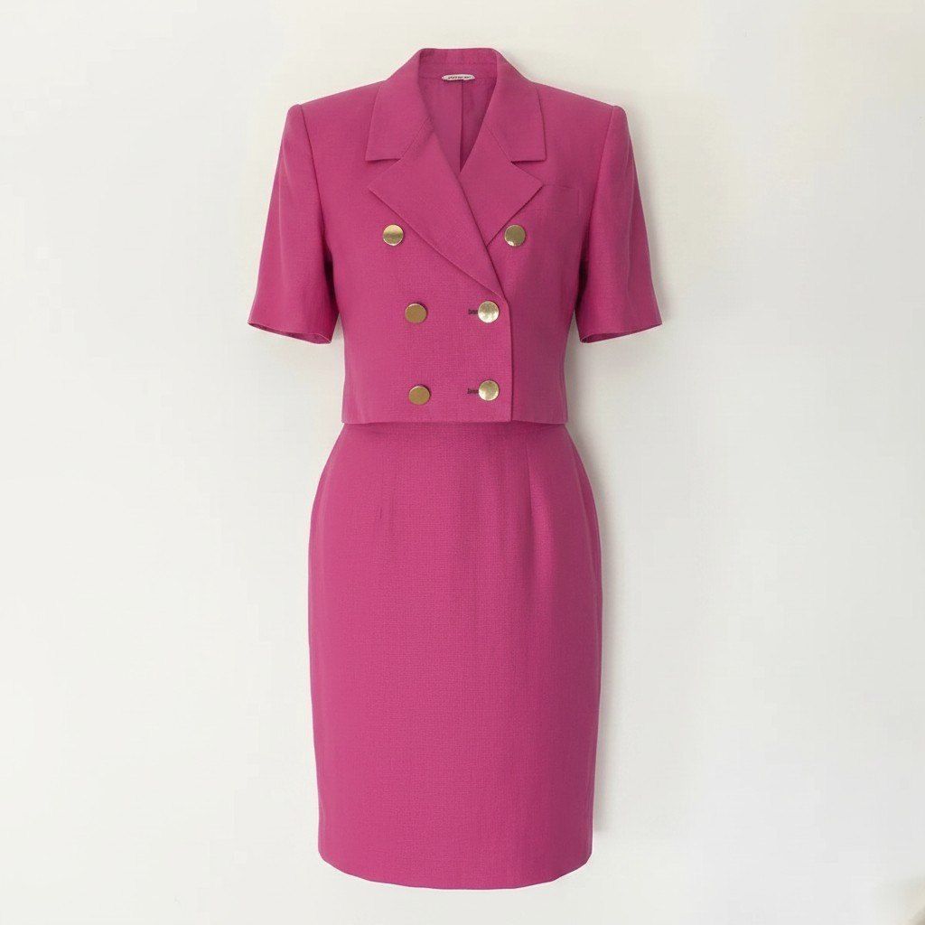 Saint Laurent Eg8 Set Skirt Suit Double Breasted Gold Button M Pink Linen