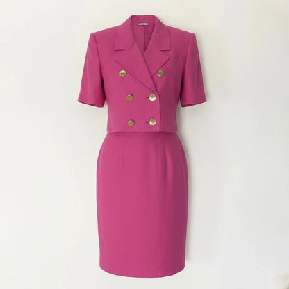 Saint Laurent Eg8 Set Skirt Suit Double Breasted Gold Button M Pink Linen