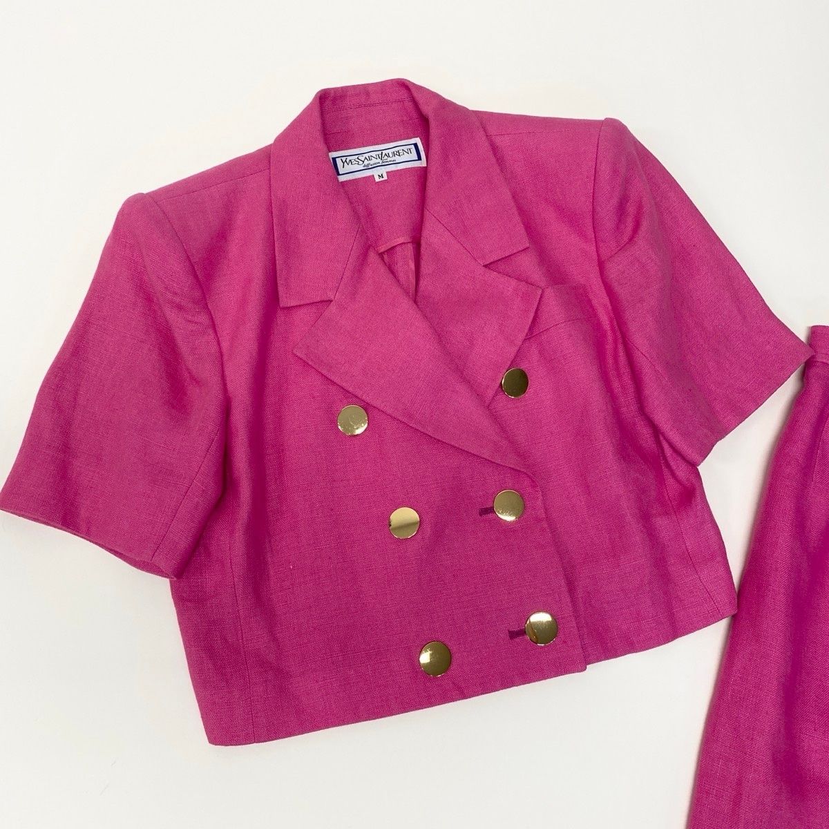 Saint Laurent Eg8 Set Skirt Suit Double Breasted Gold Button M Pink Linen — view 4