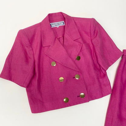 Saint Laurent Eg8 Set Skirt Suit Double Breasted Gold Button M Pink Linen — view 4