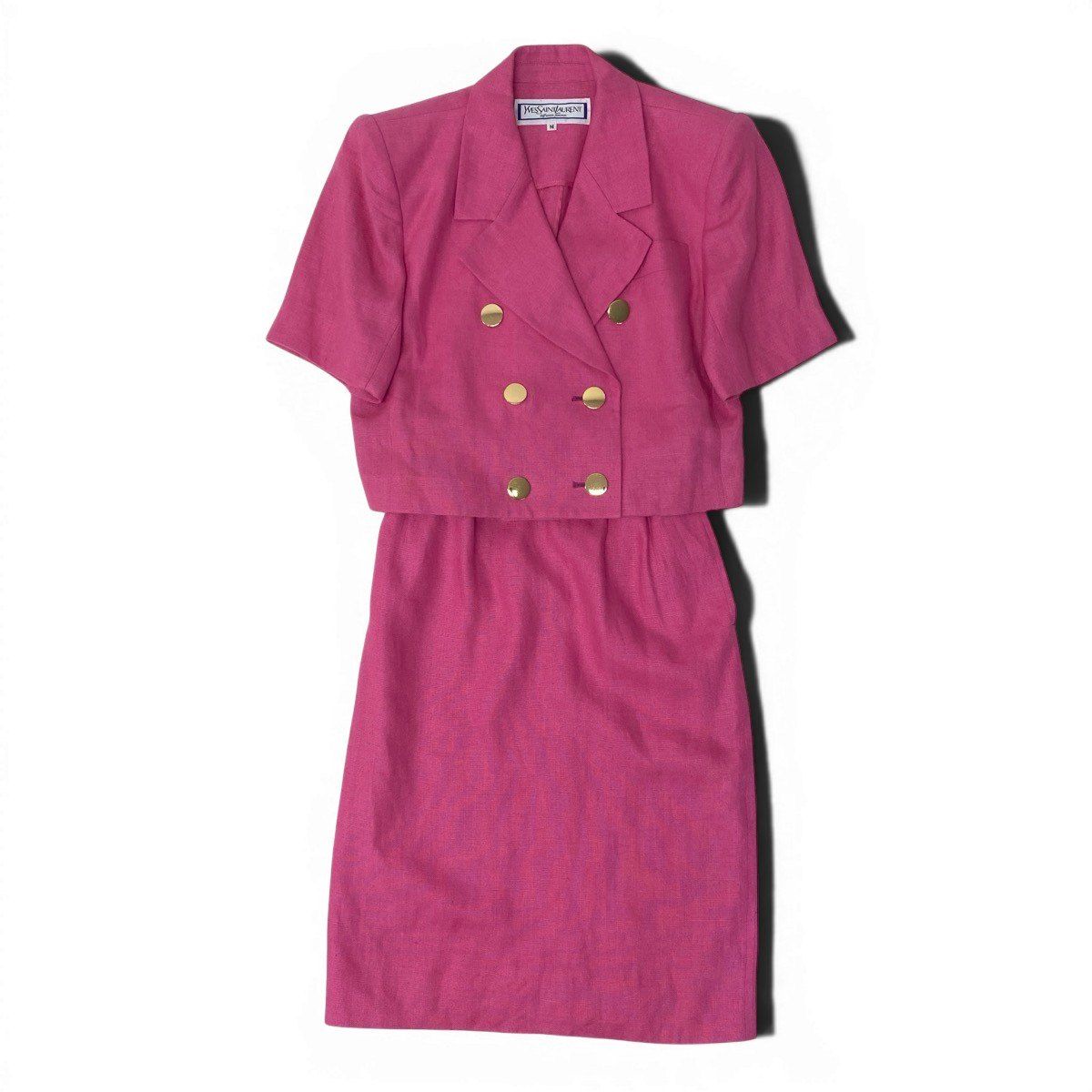 Saint Laurent Eg8 Set Skirt Suit Double Breasted Gold Button M Pink Linen — view 2