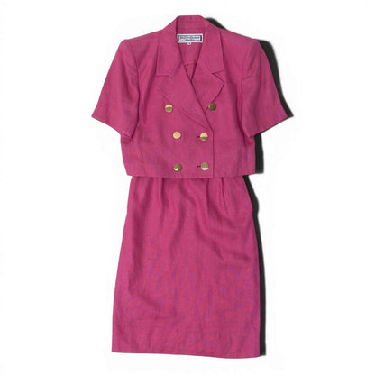 Saint Laurent Eg8 Set Skirt Suit Double Breasted Gold Button M Pink Linen — view 2
