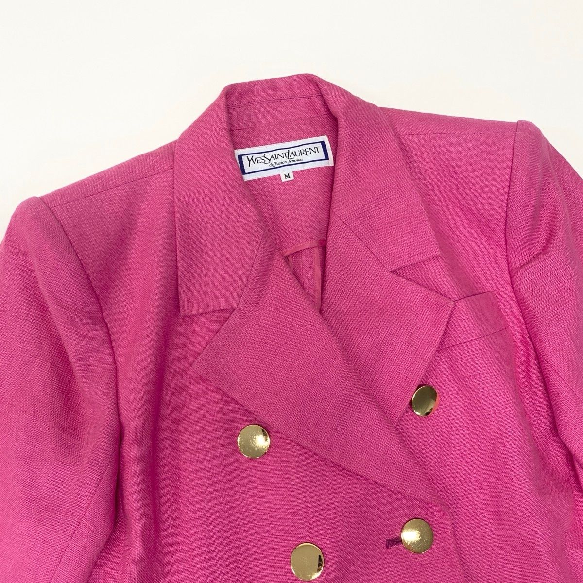 Saint Laurent Eg8 Set Skirt Suit Double Breasted Gold Button M Pink Linen — view 7