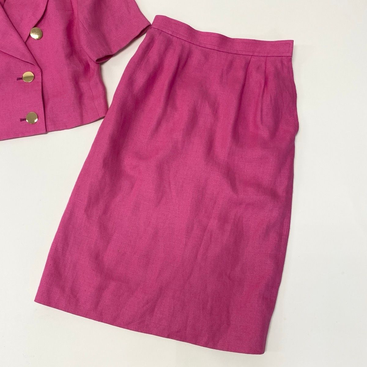 Saint Laurent Eg8 Set Skirt Suit Double Breasted Gold Button M Pink Linen — view 5