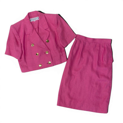 Saint Laurent Eg8 Set Skirt Suit Double Breasted Gold Button M Pink Linen — view 3