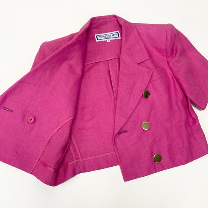 Saint Laurent Eg8 Set Skirt Suit Double Breasted Gold Button M Pink Linen — view 6