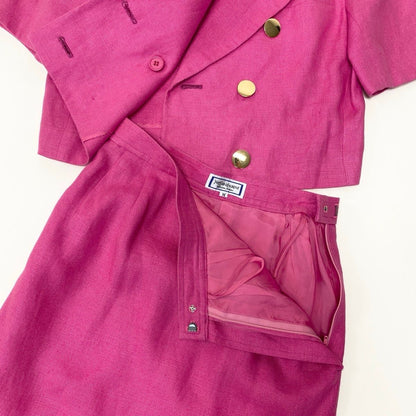 Saint Laurent Eg8 Set Skirt Suit Double Breasted Gold Button M Pink Linen — view 8