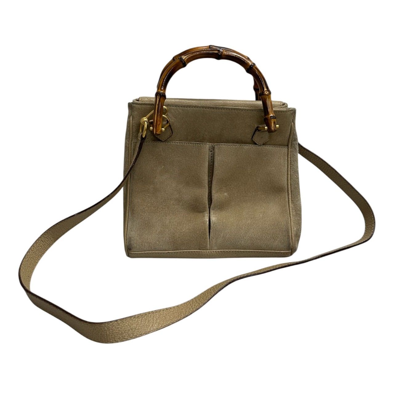 Gucci Vintage Bamboo Beige Gold Leather Shoulder Bag