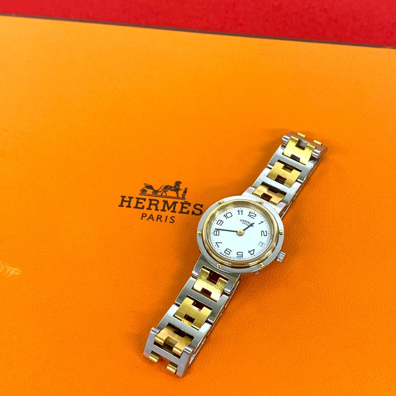 Hermes Clipper Stainless Steel Quartz Watch Wristwatch Silver Gold