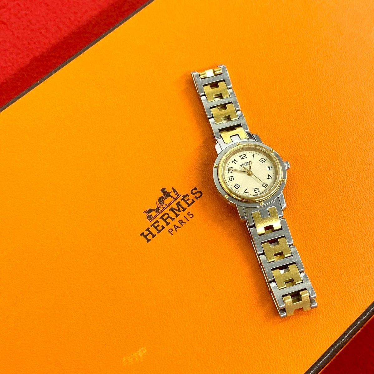 Hermes Clipper Stainless Steel Quartz Watch Wristwatch Silver Gold