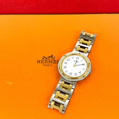 Hermes Vintage Clipper Stainless Steel Quartz Watch Silver Gold