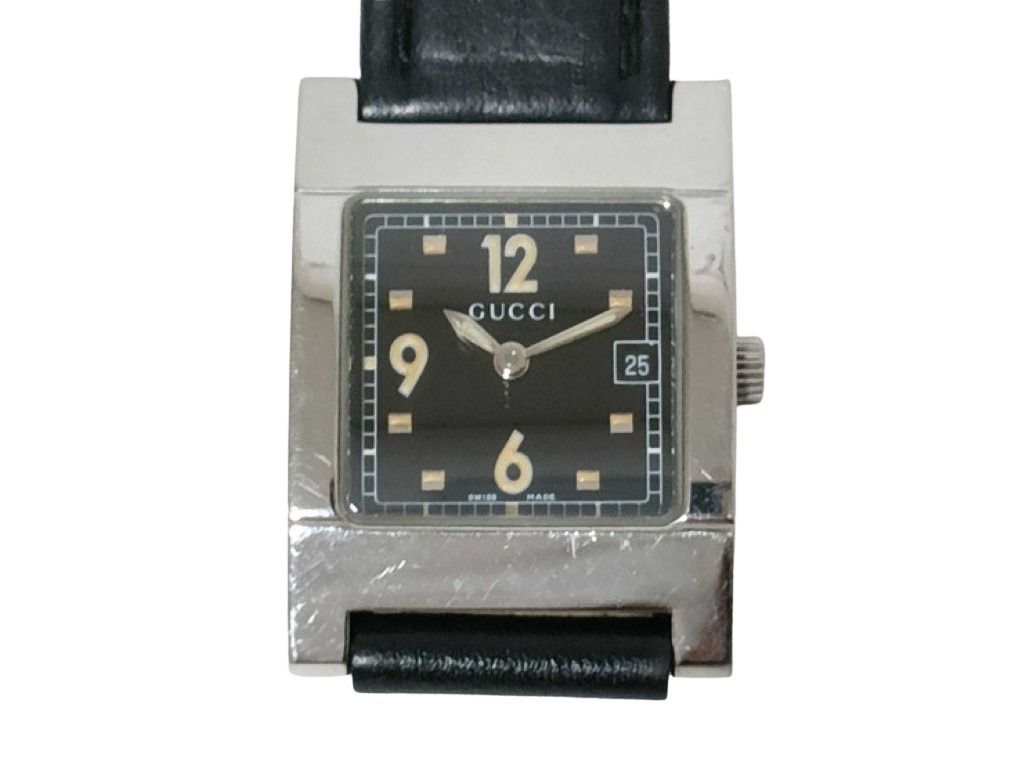 Gucci Watch Black Silver Stainless Steel Leather Analog Square