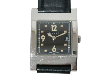 Gucci Watch Black Silver Stainless Steel Leather Analog Square