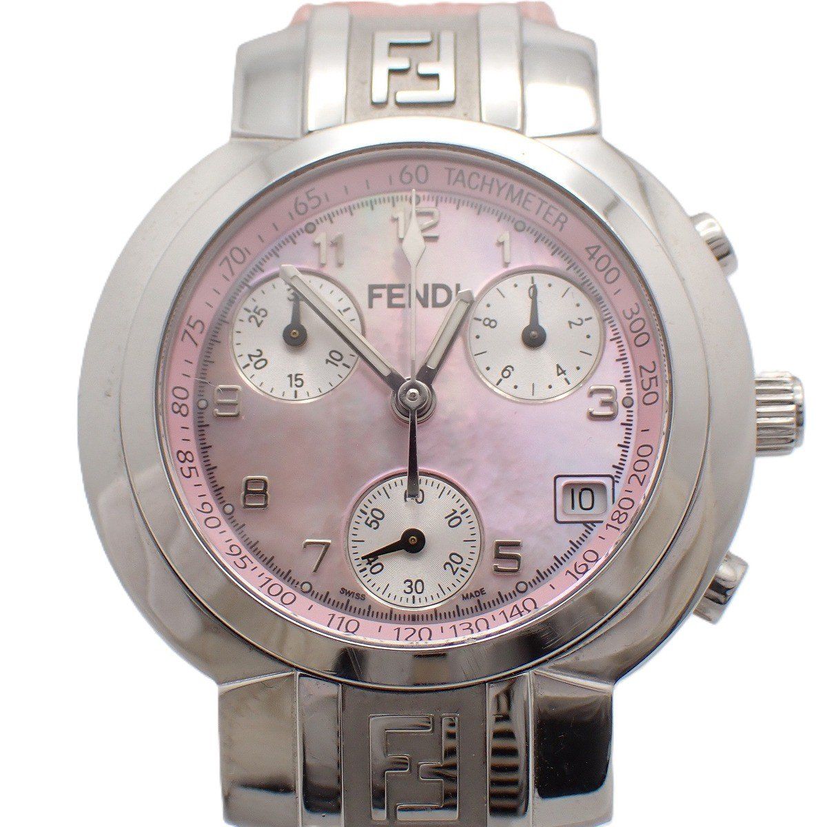Fendi Zucca Chronograph Quartz Watch Pink Shell Dial Leather Pawn