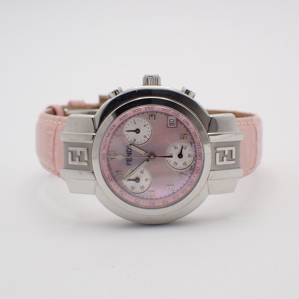 Fendi Zucca Chronograph Quartz Watch Pink Shell Dial Leather Pawn — view 2