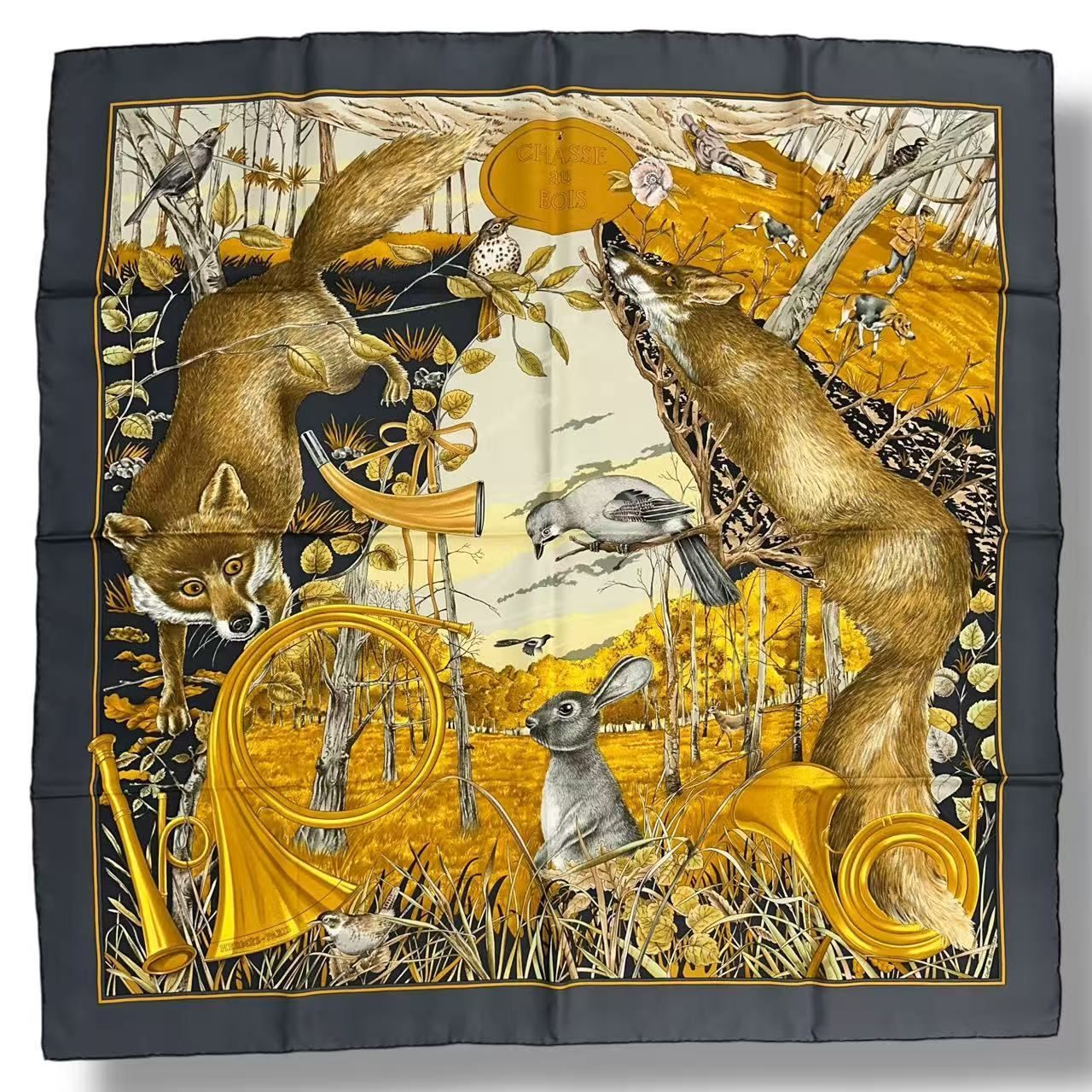 Hermes Scarf Silk Carre 90 Chasse Au Bois Forest Hunting Gray — view 2