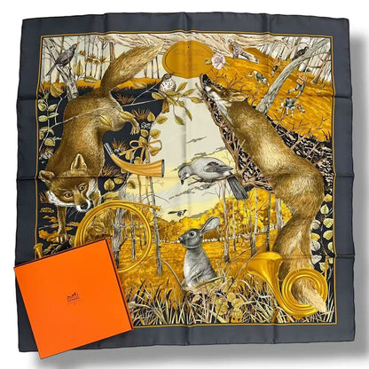 Hermes Scarf Silk Carre 90 Chasse Au Bois Forest Hunting Gray