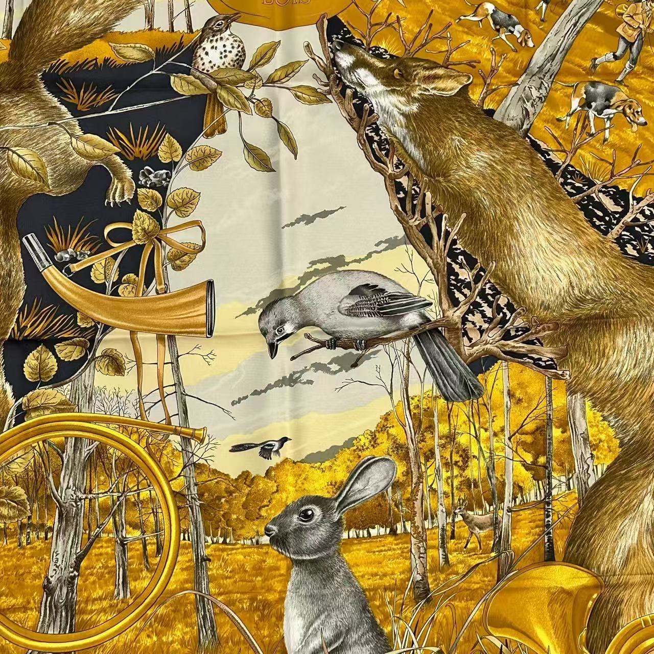 Hermes Scarf Silk Carre 90 Chasse Au Bois Forest Hunting Gray — view 7