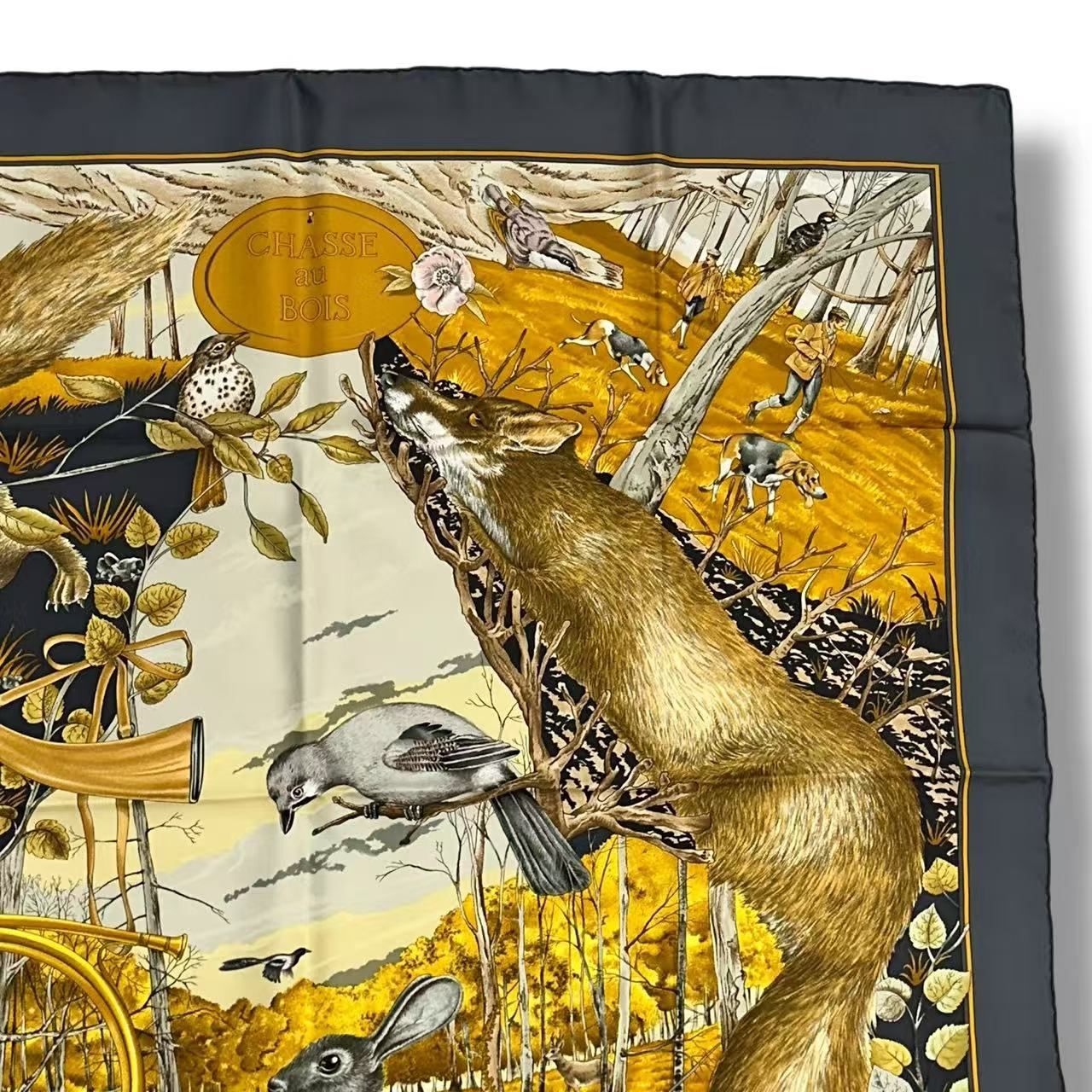 Hermes Scarf Silk Carre 90 Chasse Au Bois Forest Hunting Gray — view 5