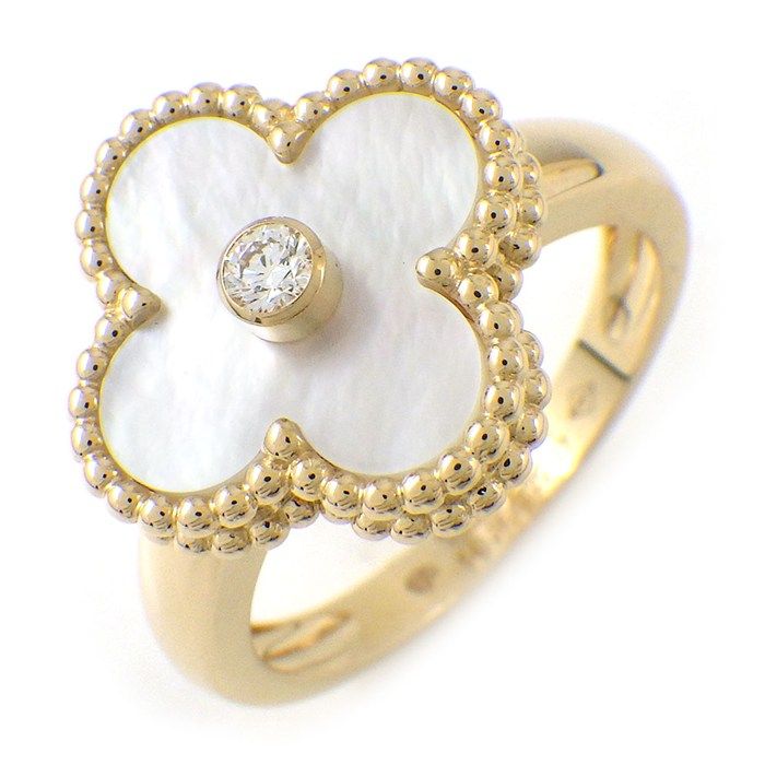 Van Cleef & Arpels Ring Vintage Alhambra Point Diamond White Shell 18K Yellow