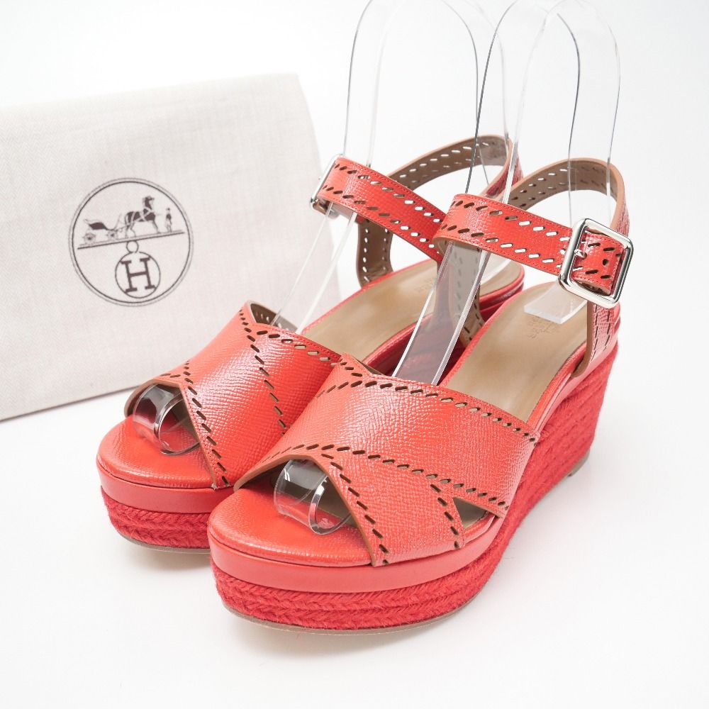 Hermes Espadrille Sandals Ankle Strap Platform Wedge Leather Shoes 37.5